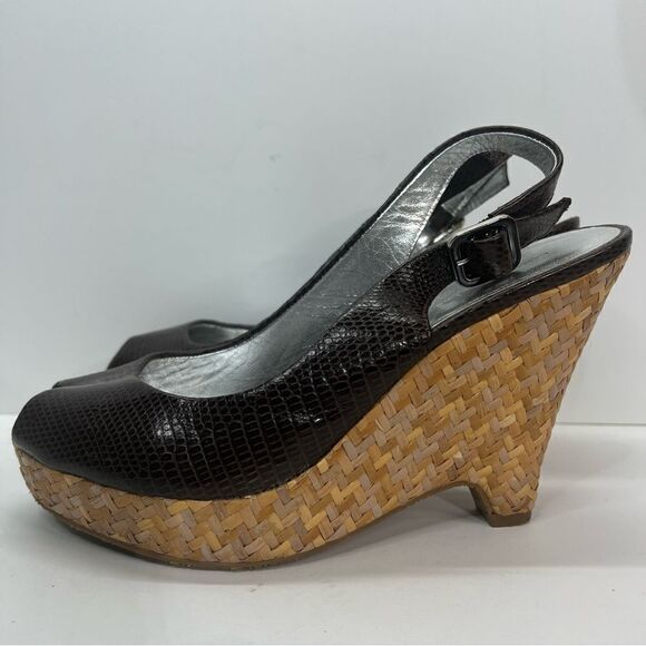 Banana Republic Black Croc Ankle Strap Open Toe Slingback Wedge Shoes - Picture 2 of 11